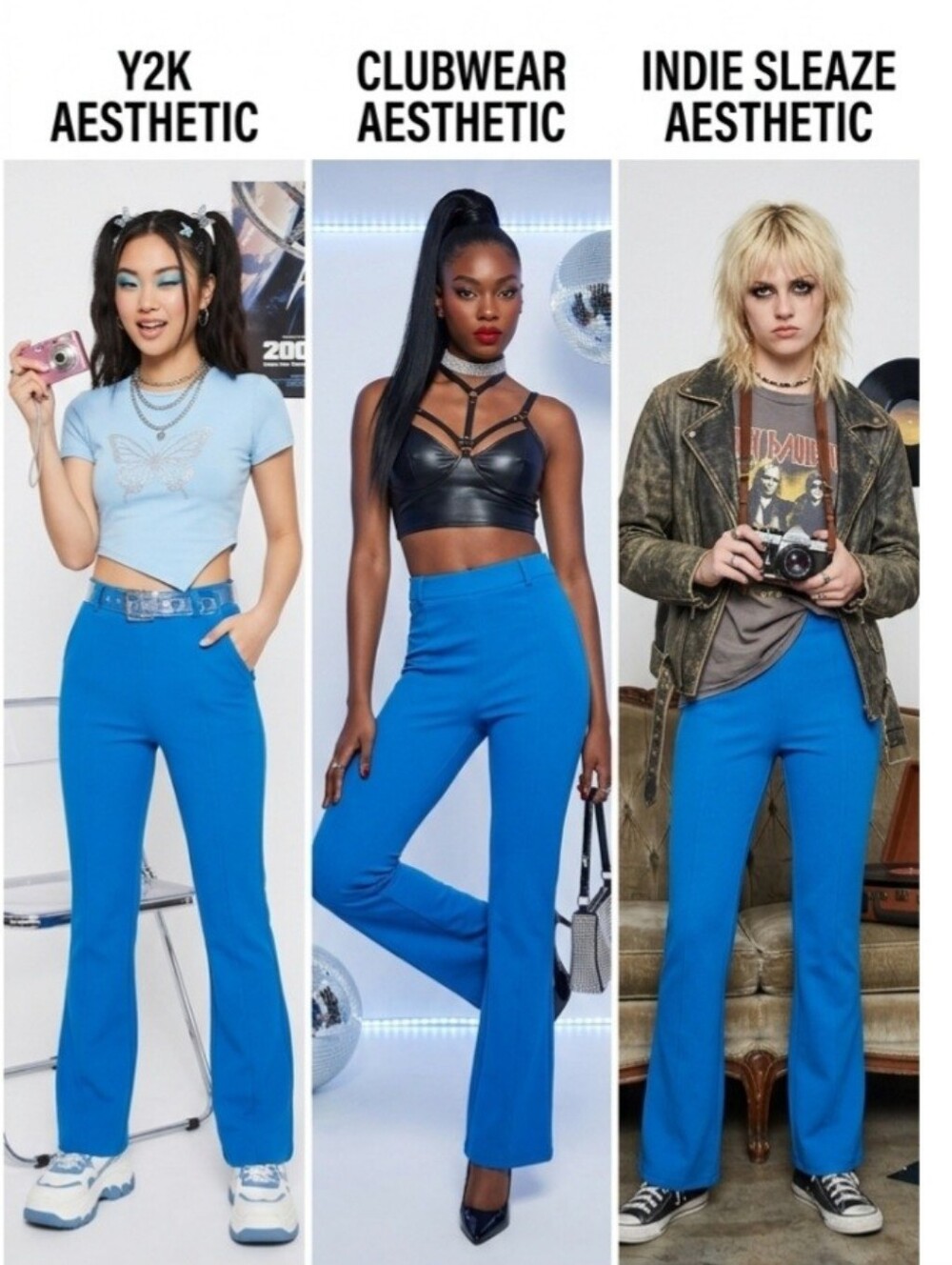 Cobalt Blue High Waisted Flare Leg Pants Bold Statement Retro Indie Aesthetic